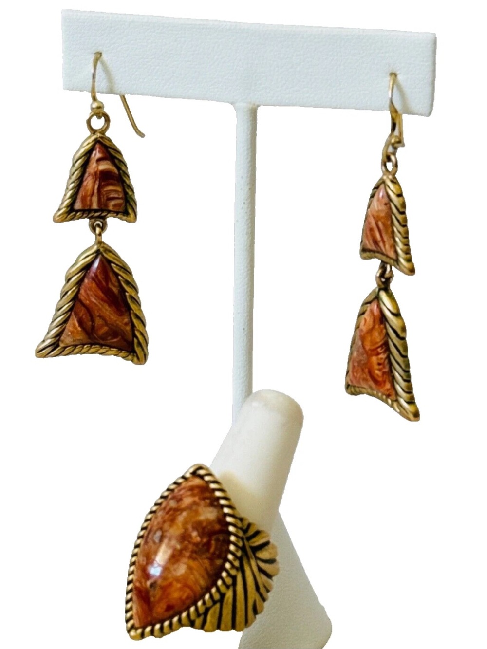 BARSE Copper Opal Bronze Ring and Double Drop Earrings Set Size 7.5